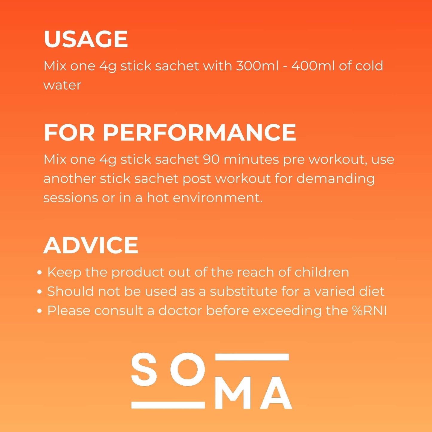 SOMA electrolyte packaging displaying directions for use, outlining how and when to take the product for optimal hydration.