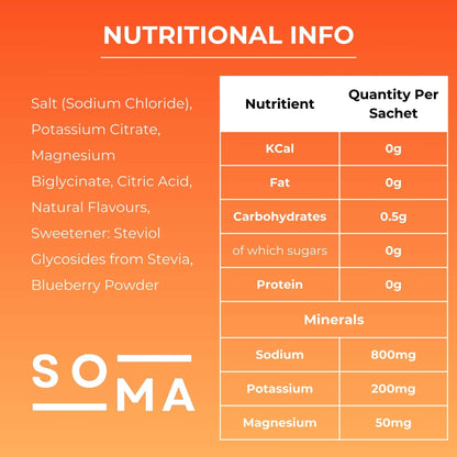 Close-up of the nutritional information and ingredients label on SOMA electrolyte packaging.