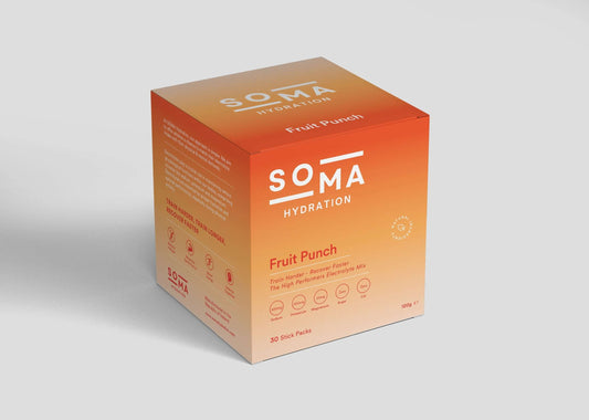 SOMA electrolyte box on a plain grey background, highlighting the sleek packaging.